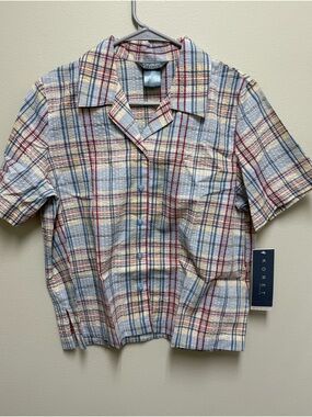 Koret Short-Sleeve Plaid Button-Front Top in Blue, Cream & Red